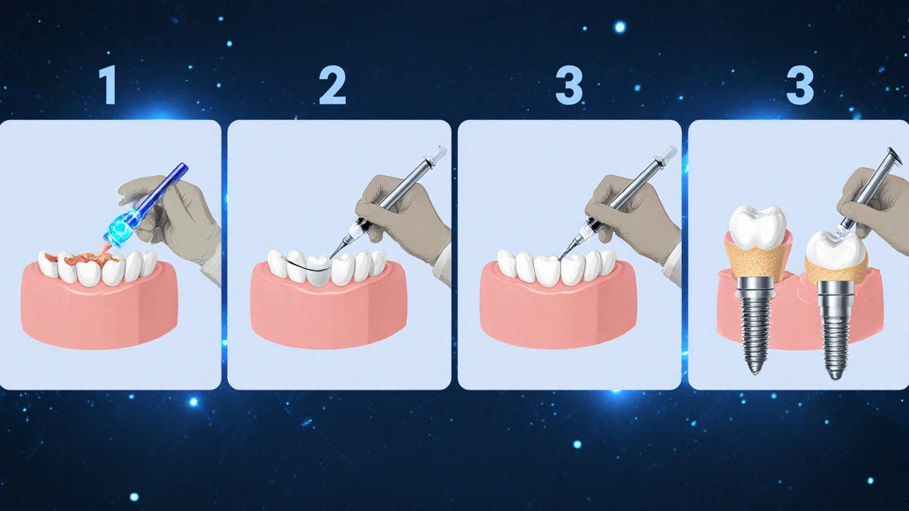 Čtyři dentální opravy – kompozit, korunka, fazeta a implantát – v klinickém prostředí.