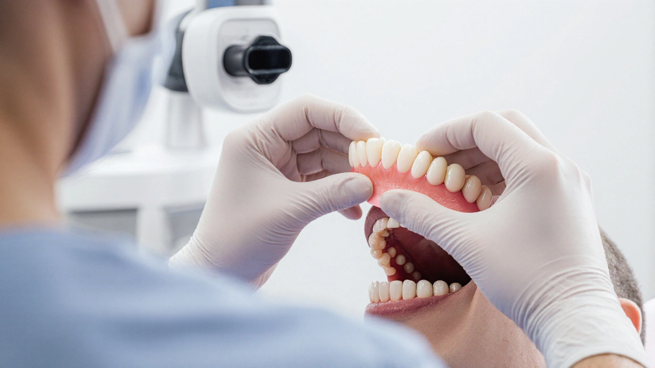 Dentista instaluje keramickou korunku s použitím digitálního skenování.