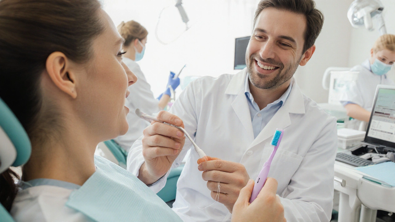 Dentista vyšetřuje dásně, hygienistka čistí zuby, pacient drží zubní nit a kartáček.
