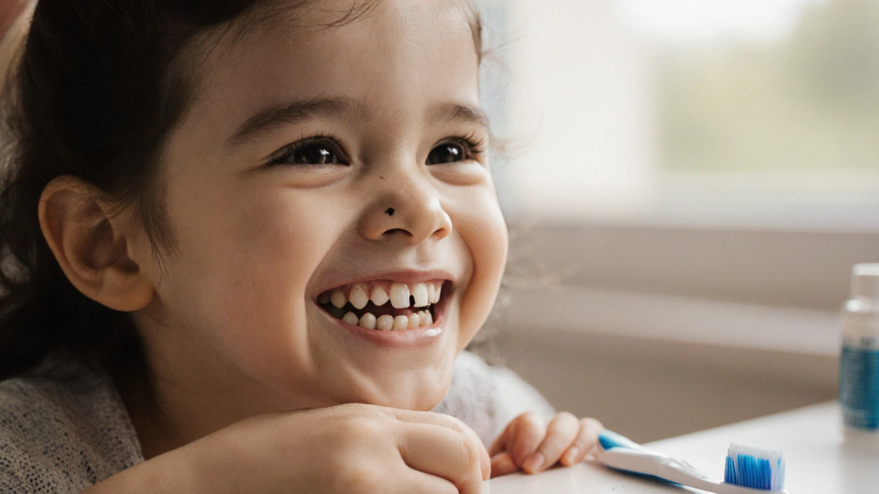 Dítě se smíchem a černou tečkou na mléčném zubu, vedle zubní kartáček.