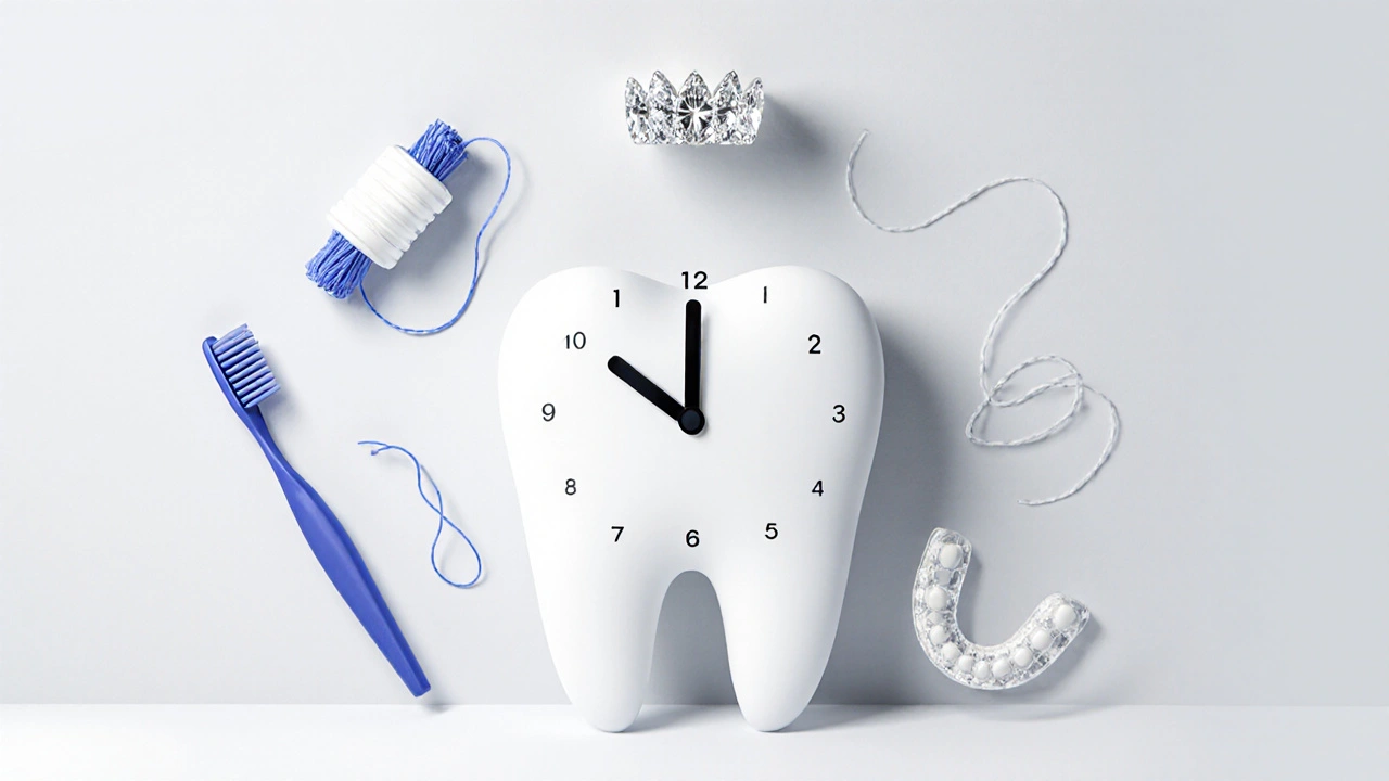 Hodiny s ozubenými ručičkami symbolizující životnost zirkonových korunek.