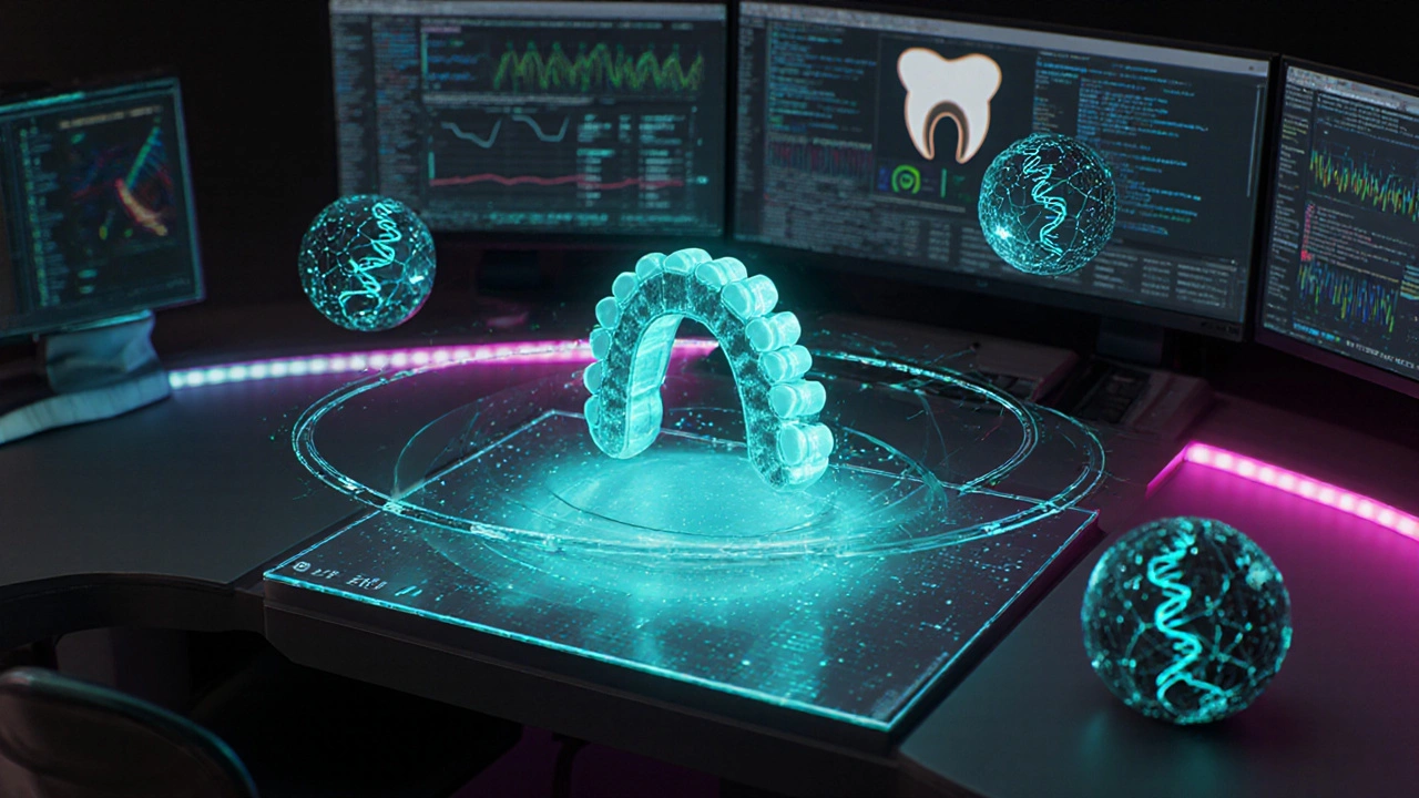 Hologram 3D zubního oblouku obklopený DNA a datovými koulemi.