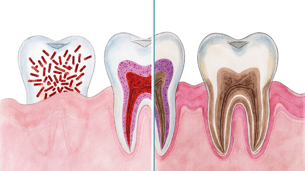 Ilustrace ukazující bakterie, zánět a absces v otevřeném zubu.