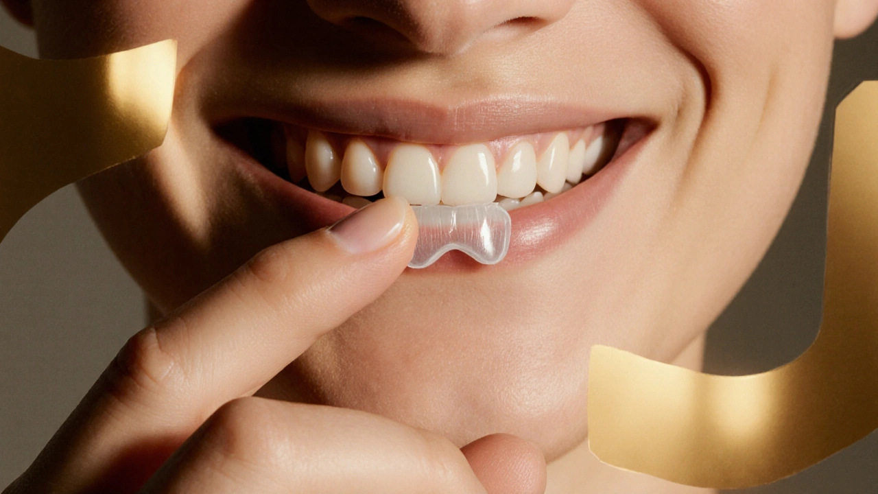 Keramická fazeta přiložená k úsměvu, symbolizující přirozenost a kvalitu.