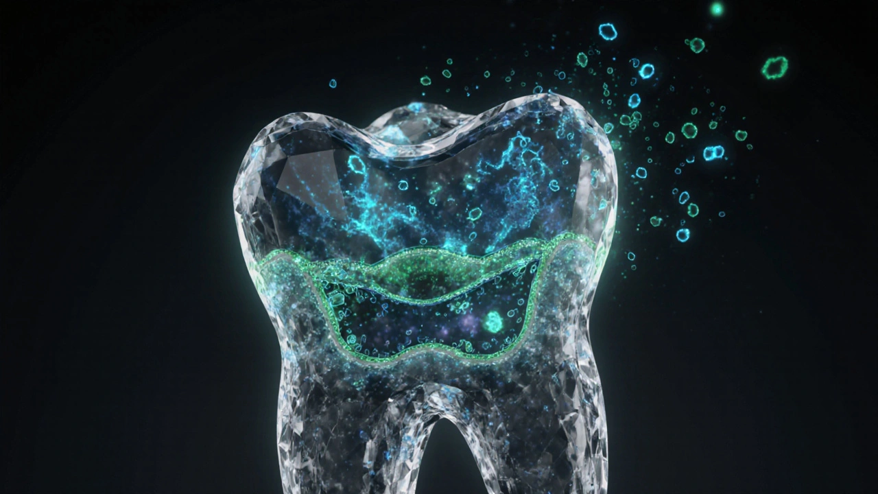 Mikroskopický řez sklovinou, kde peroxidy reagují a rozjasňují pigmenty.