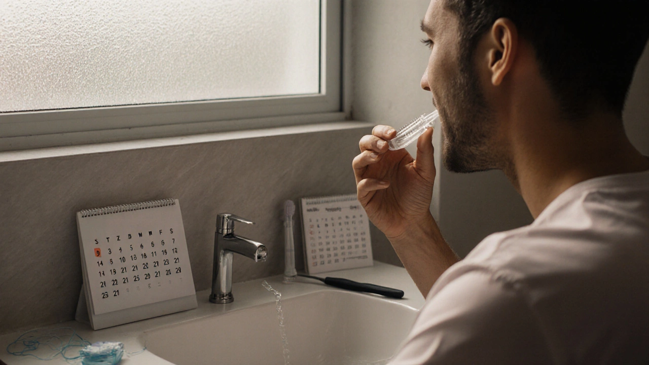 Osoba v koupelně používá fluoridovou pastu, nit a mezizubní kartáček po návštěvě hygienisty.