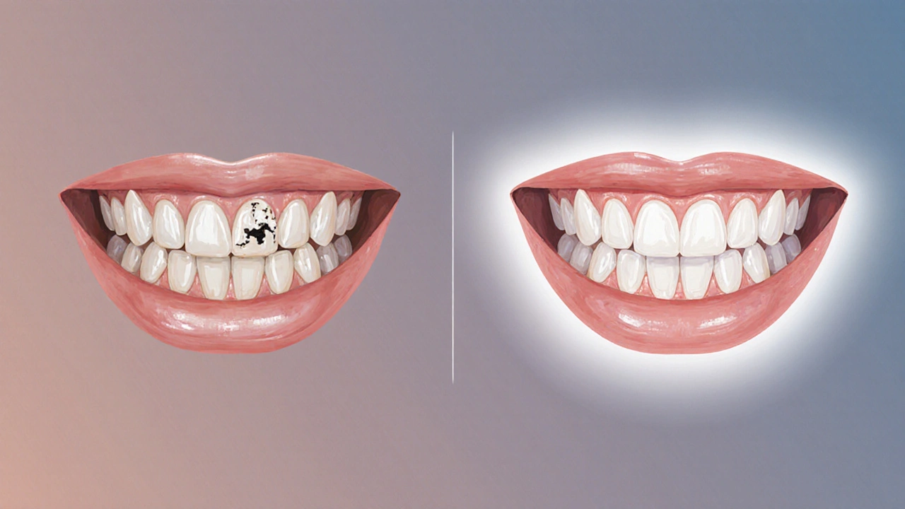Porovnání před a po: nekvalitní zuby a zuby s keramickými fazetami, bez textu.