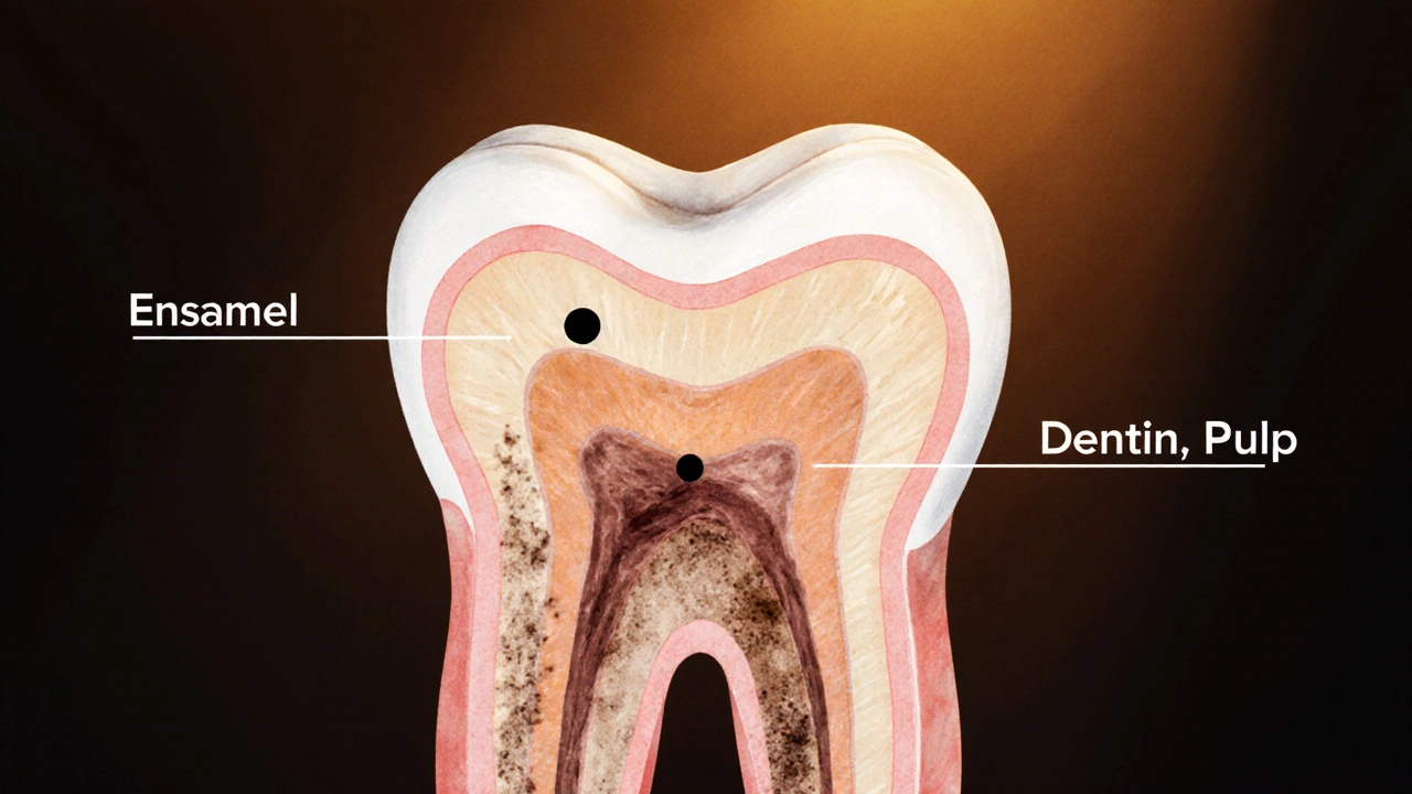 Příčný řez zubem s postupující kariés z povrchu do nitra.
