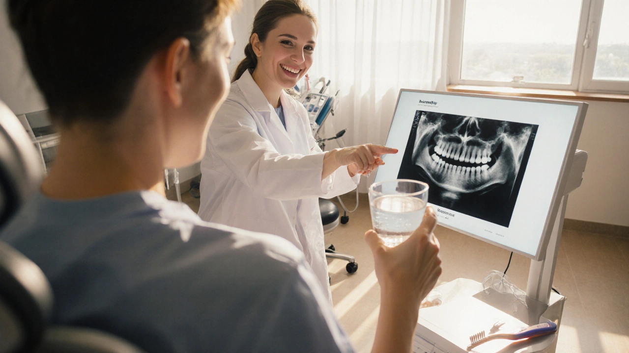 Scéna v zubní ordinaci: pacient s ústní vodou a lékař ukazuje rentgen.