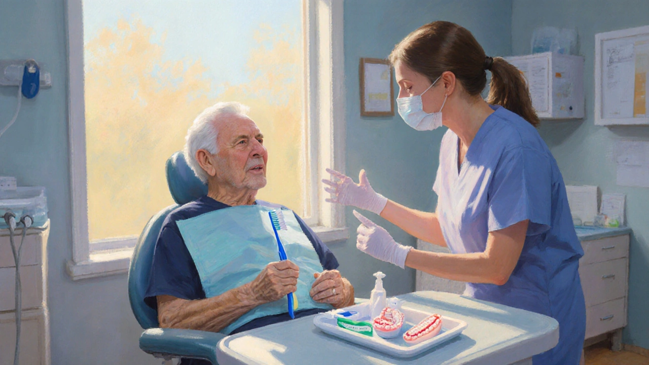 Senior s dentistou při kontrole, s kartáčkem, nití a dentálními protézami.