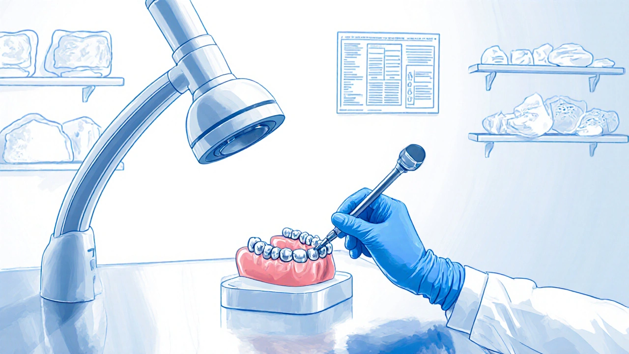 Technik v dentální laboratoři upravuje denturu pod jasným osvětlením.