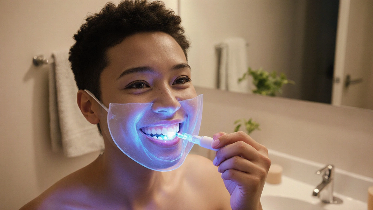 Uživatel v domácím prostředí aplikuje bělicí gel na zuby a usmívá se po ošetření.