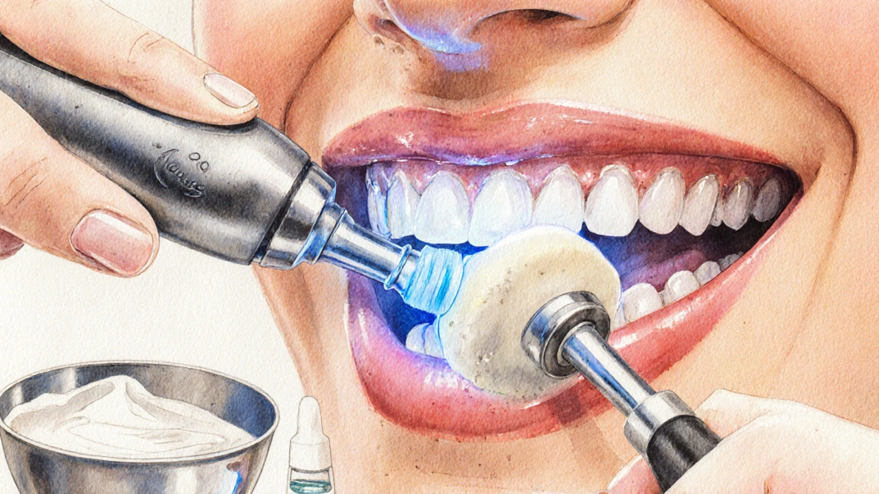 Vodováčná ilustrace hygienistky používající ultrazvukový scaler a leštící povrch zubu.