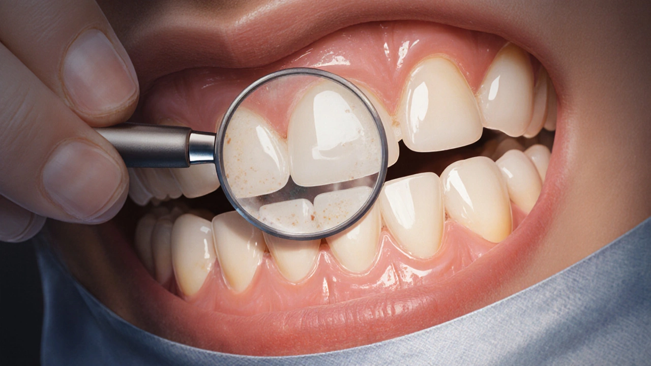 Zubní lékař přesně nasazuje zirkonovou korunku na připravený zub.