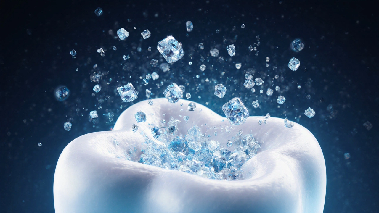 Abstraktní znázornění obnovy zubní skloviny minerály a fluoridem.