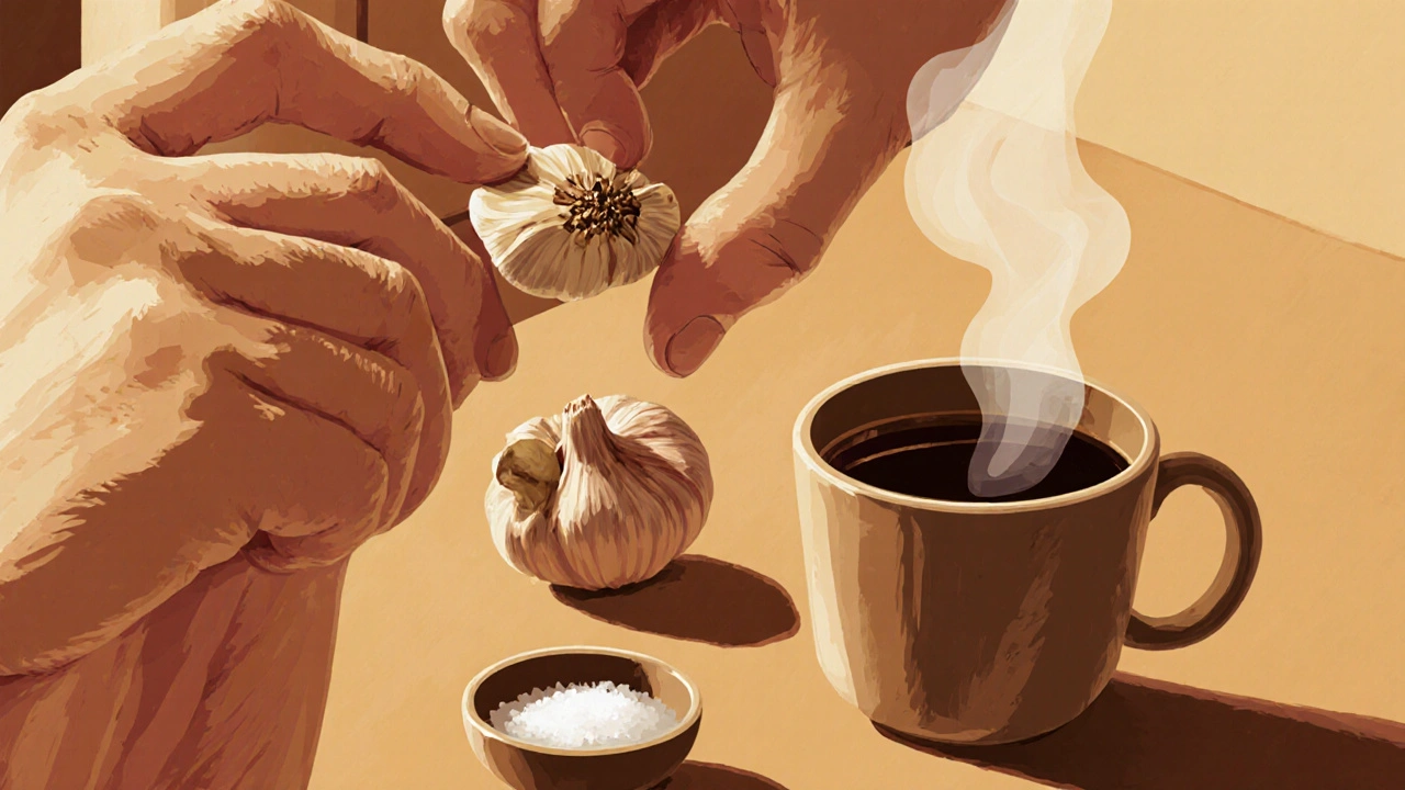 Člověk přikládá rozdrtěný česnek k přednímu zubu v kuchyni.