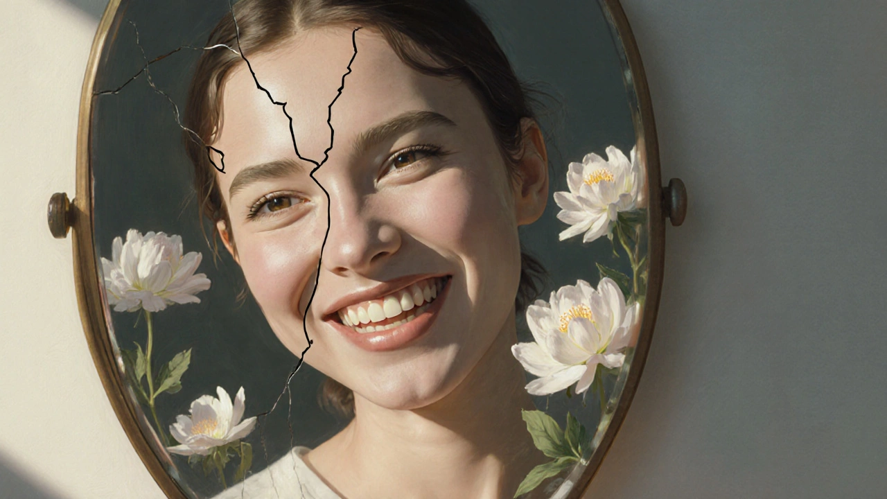 Člověk se dívá do zrcadla, jeho odraz ukazuje plný úsměv a květiny jako symbol návratu sebevědomí.