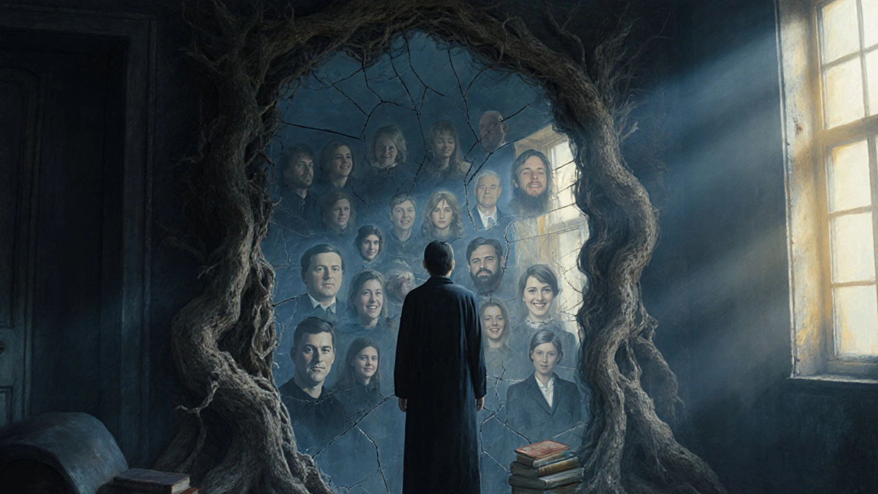 Člověk stojí před zrcadlem, které odráží tváře lidí, které zná, ne svou vlastní.