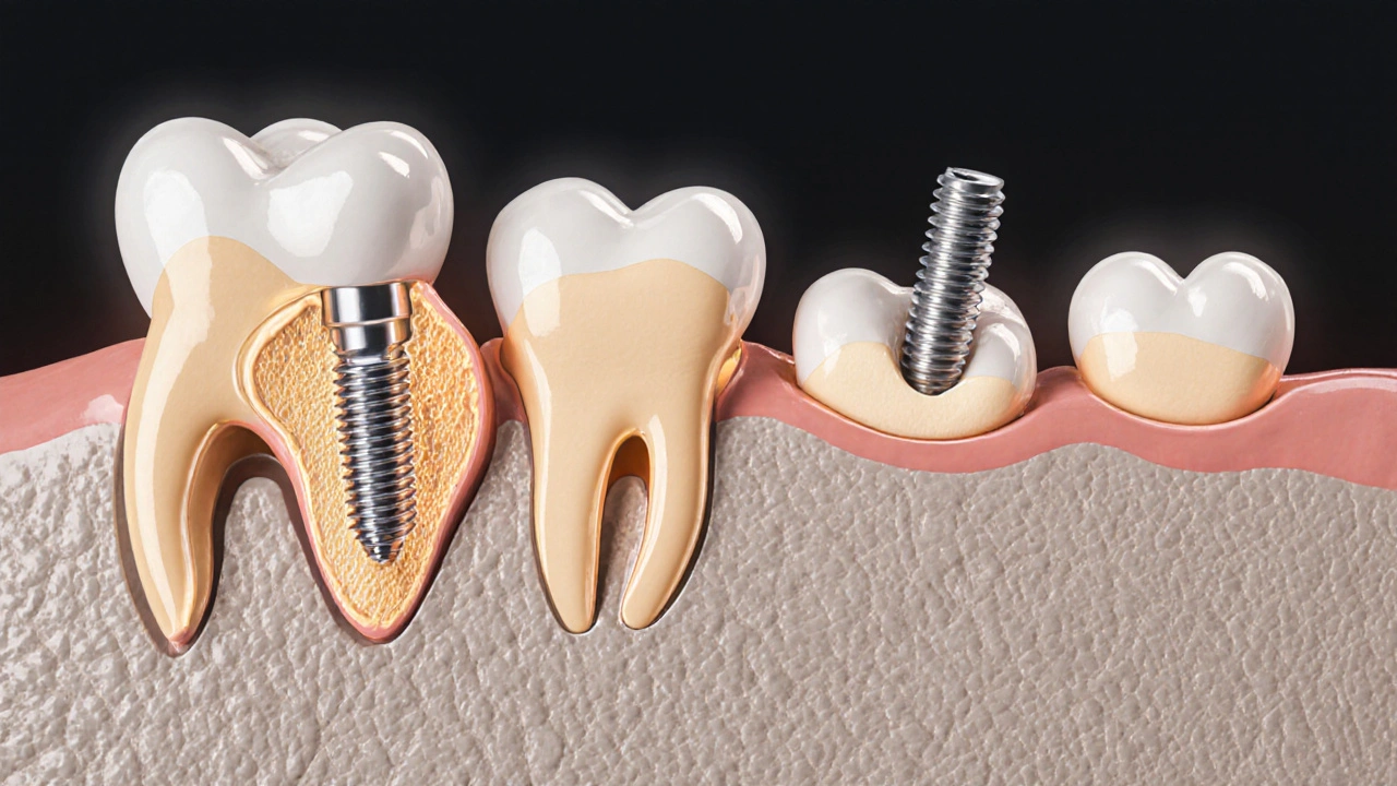 Cross-section of jawbone showing dental implant fusing with new bone tissue over time.