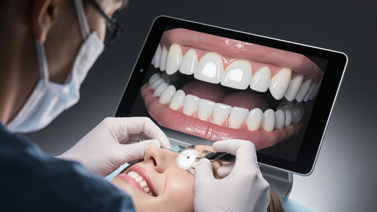 Dentista připevňuje tenkou keramickou fazetu na zub při digitálním návrhu úsměvu.