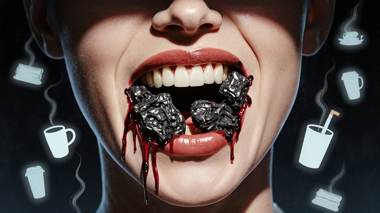 Detailní ilustrace zubů s černým kamenem a krvácivými dásněmi, okolo nich plak, káva a cigaretové stíny.