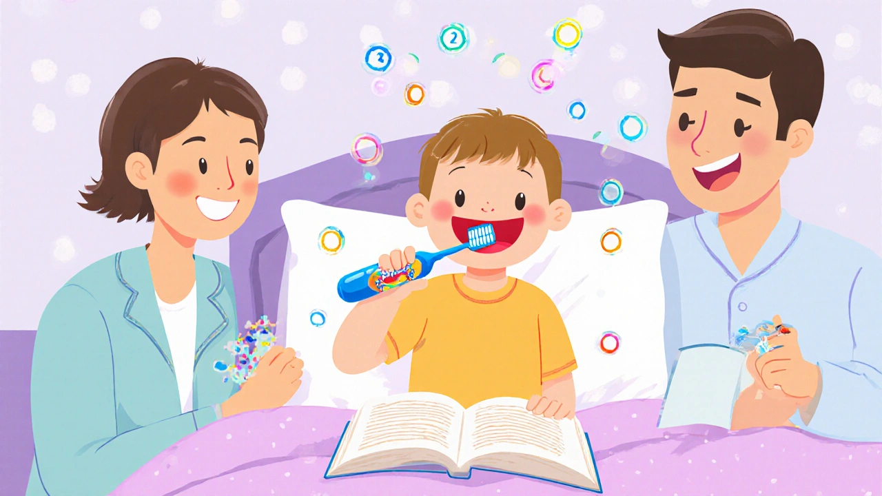 Dítě čistí zuby elektrickým kartáčkem s oblíbenou postavičkou, večerní rituál s rodiči a knížkou na pozadí.