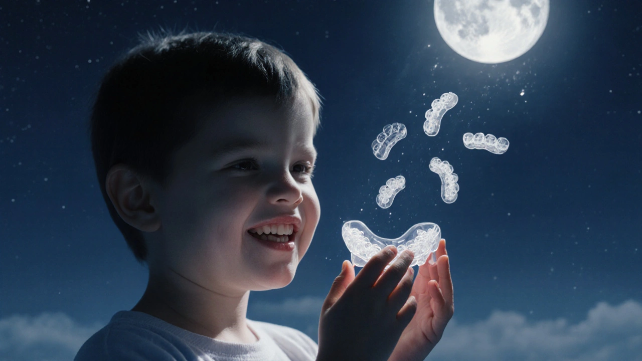 Dítě drží transparentní retainer v noci, keramické závěsy se mění v mlhu.