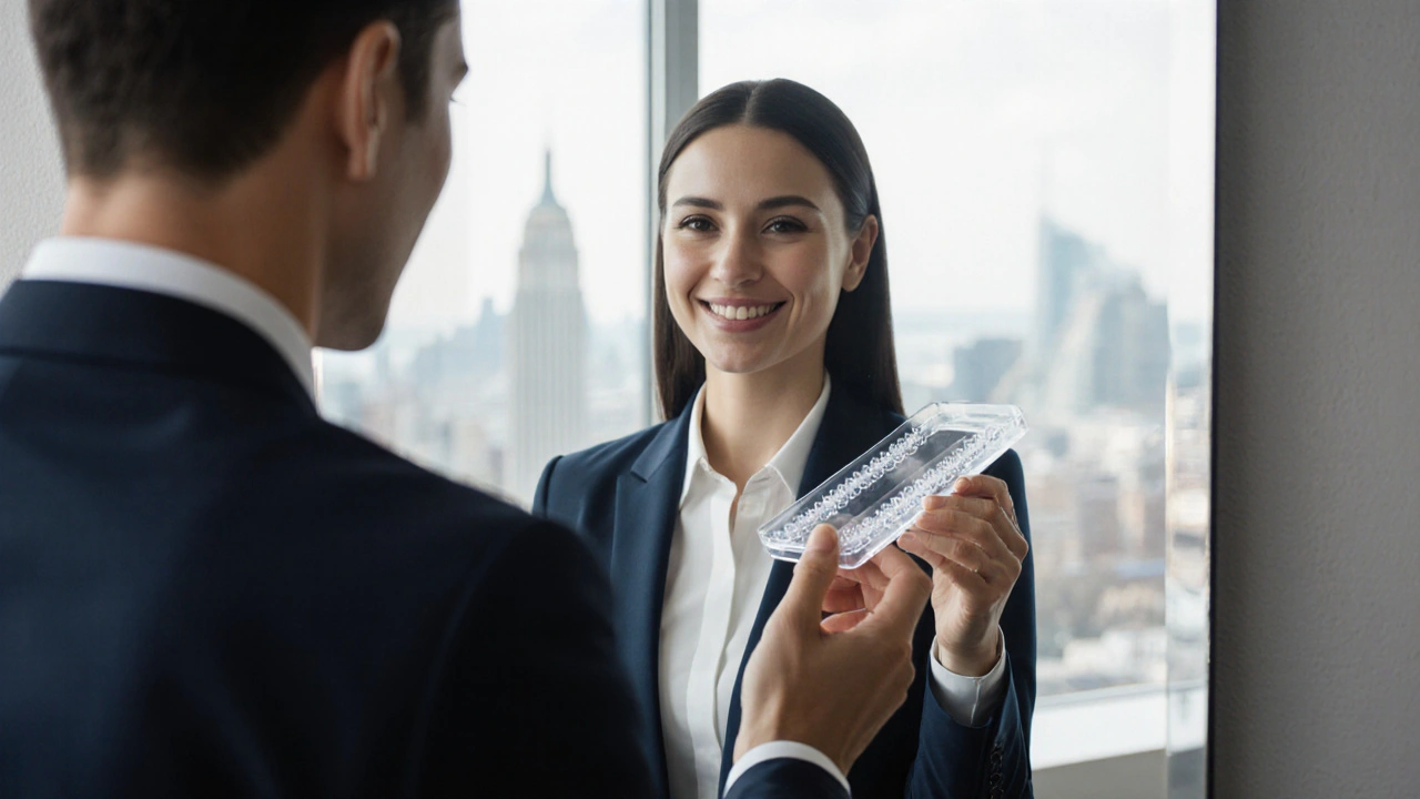 Dospělý muž drží průhledná rovnátka, jeho odraz v zrcadle ukazuje neviditelnou léčbu.