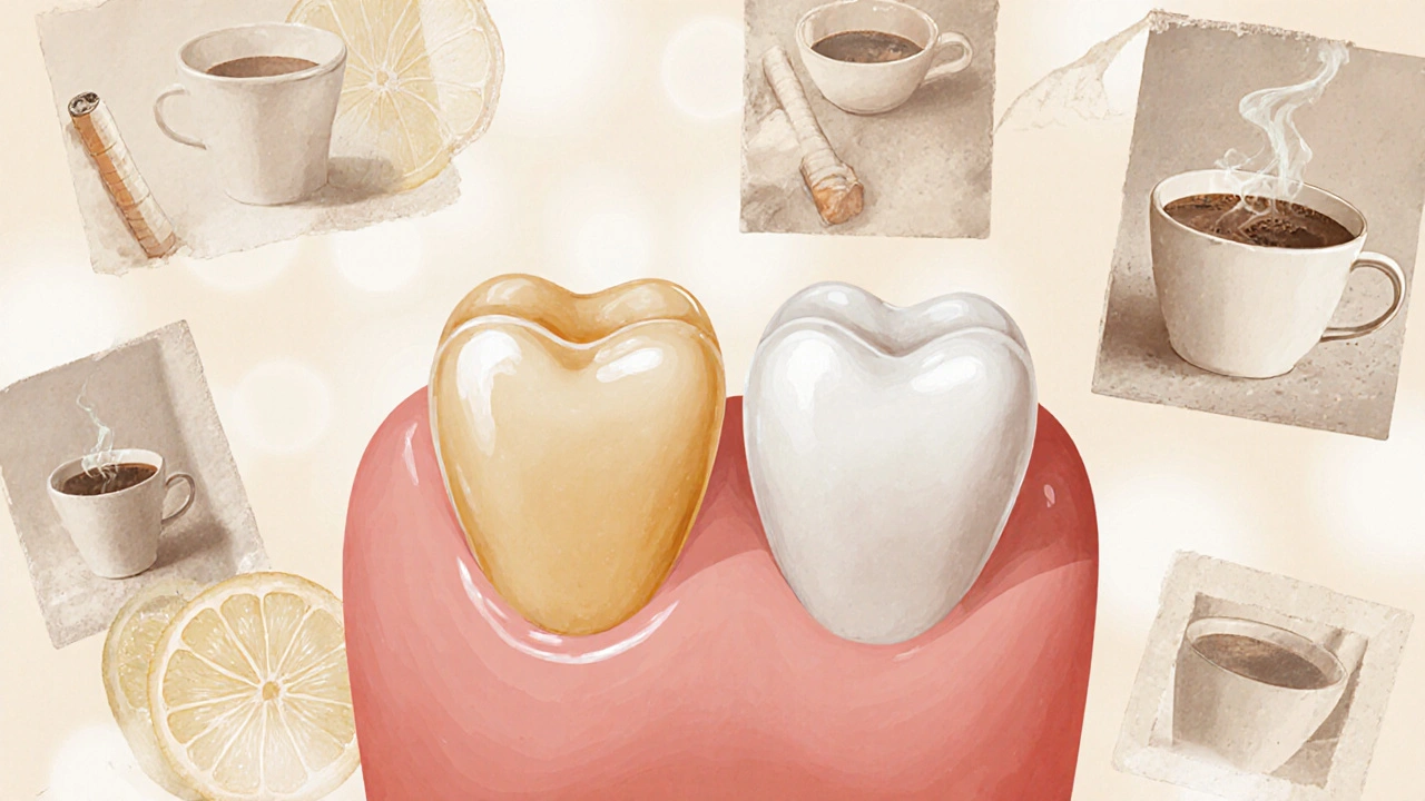 Dva přední zuby: přirozený s žlutou dentinou a tenká keramická fáze s leskem.