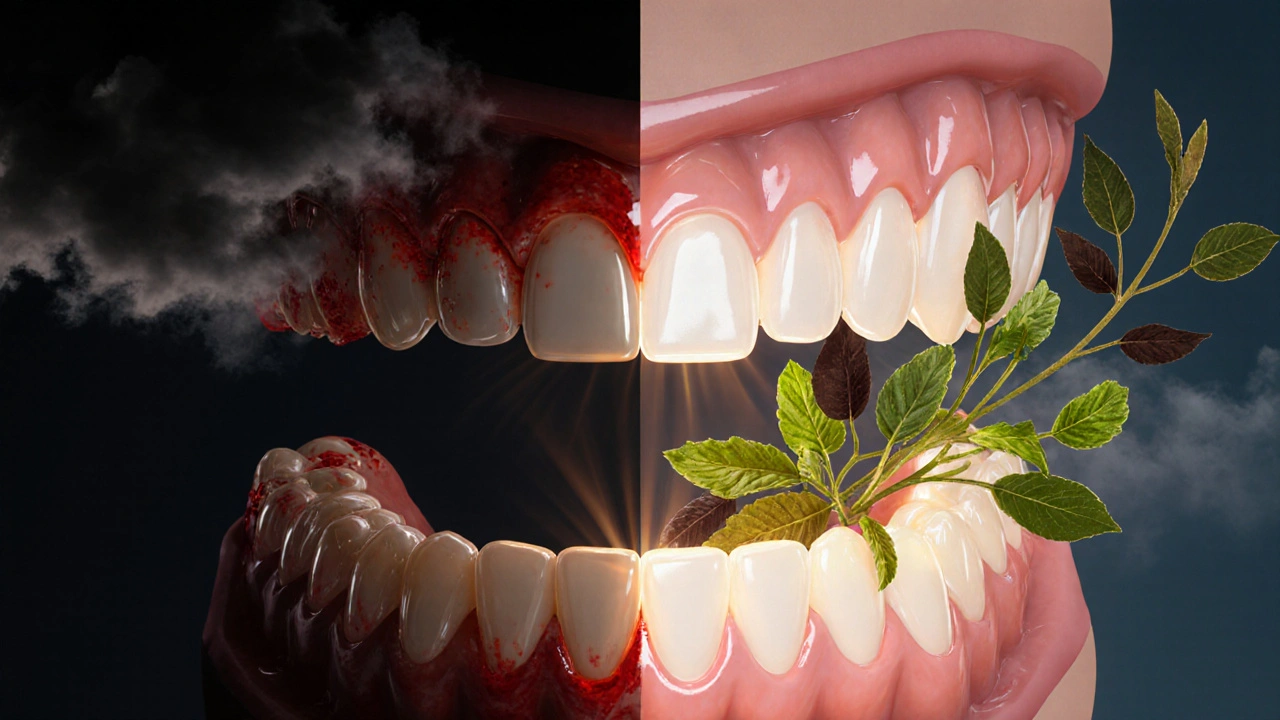 Dvě části dásně: zánětlivé vlevo a zdravé s bylinkami vpravo.