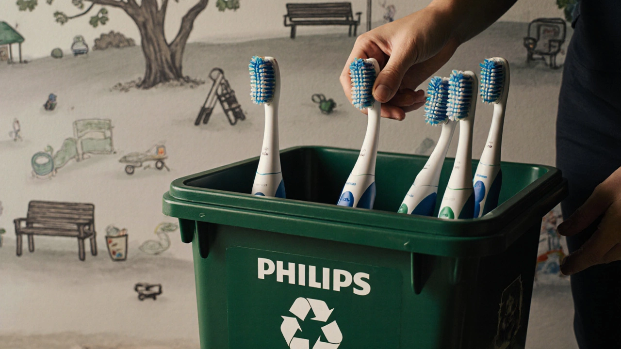 Hand placing used sonic toothbrush head into a recycling collection bin with brand logos.