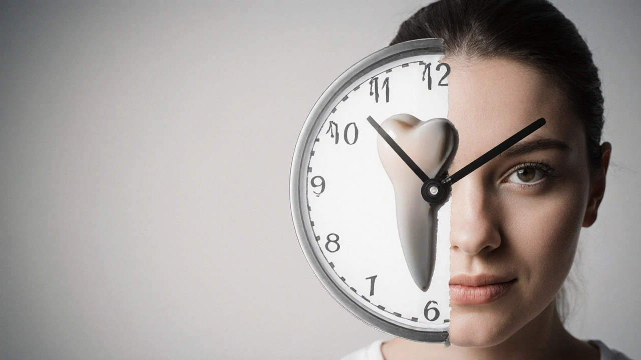 Hodiny s časem 18–25 let nad tváří symbolizují ideální dobu odstranění zubu 48.