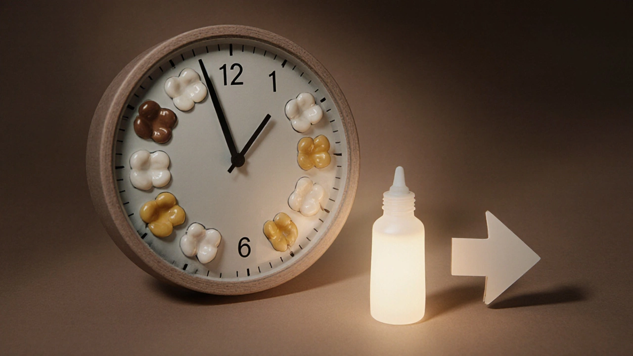 Hodiny s zuby jako číselníkem, kde výplně časem tmavnou, vedle nich nová výplň.