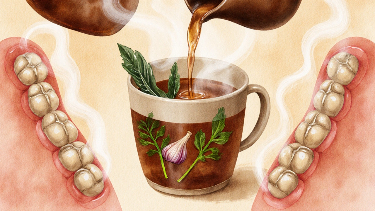 Horký bylinkový vývar s šalvějí, řeřichou a česnekem v hrnčíku.