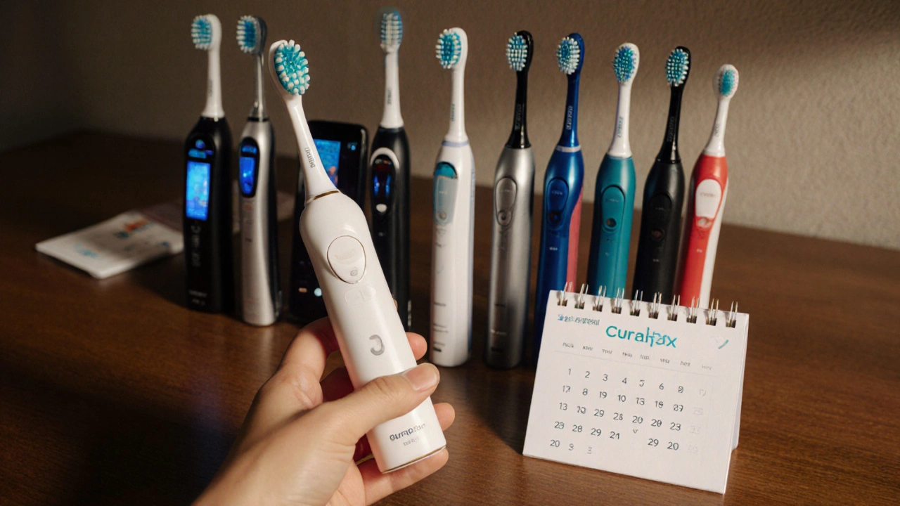 Kartáček Curaprox vedle nákladných chytrých modelů s jednou levnou náhradní hlavici.