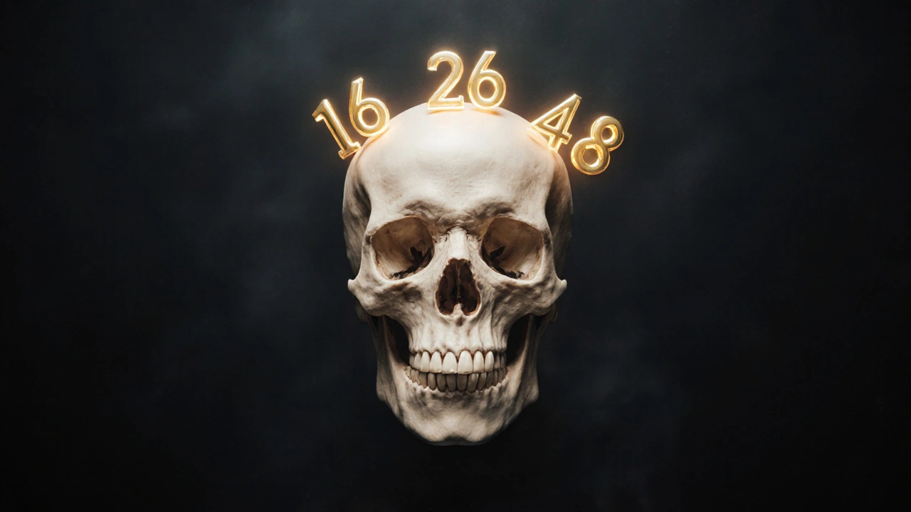 Kostěná lebka s jemně zářícími čísly zubů 16, 36, 28 a 48, symbolizující pochopení zubního číslování.