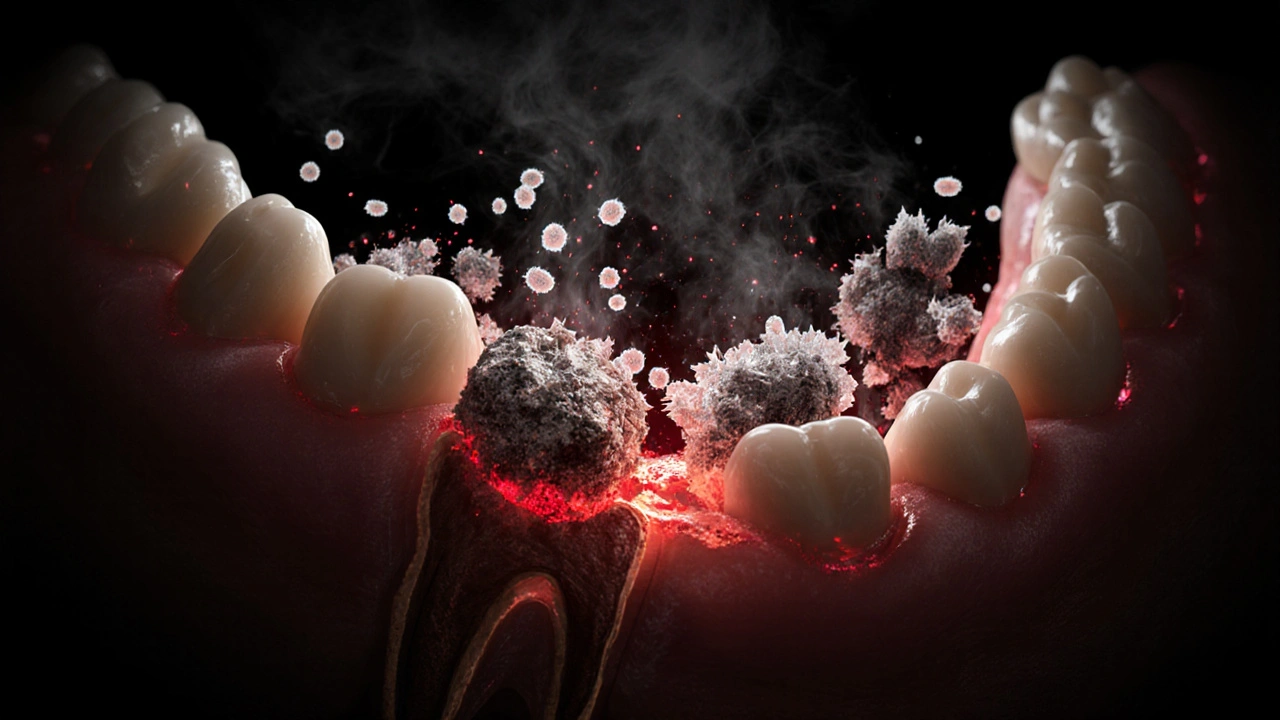 Mikroskopický pohled na bakterie a kámen pod dásní, kde krevní buňky bojují proti infekci a kost roztává.
