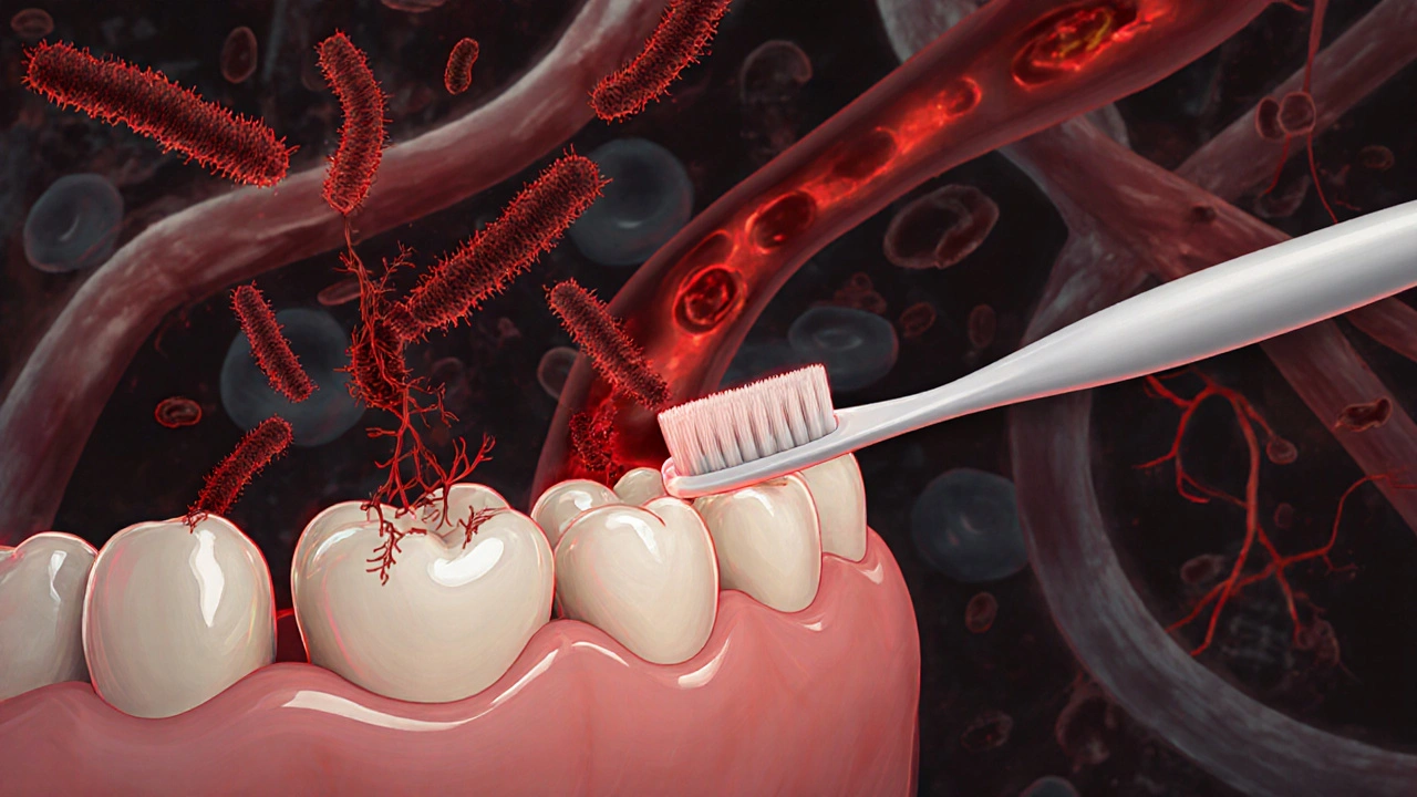 Mikroskopický pohled na bakterie, které cestují z úst do krevního oběhu, zatímco kartáček brání jejich šíření.