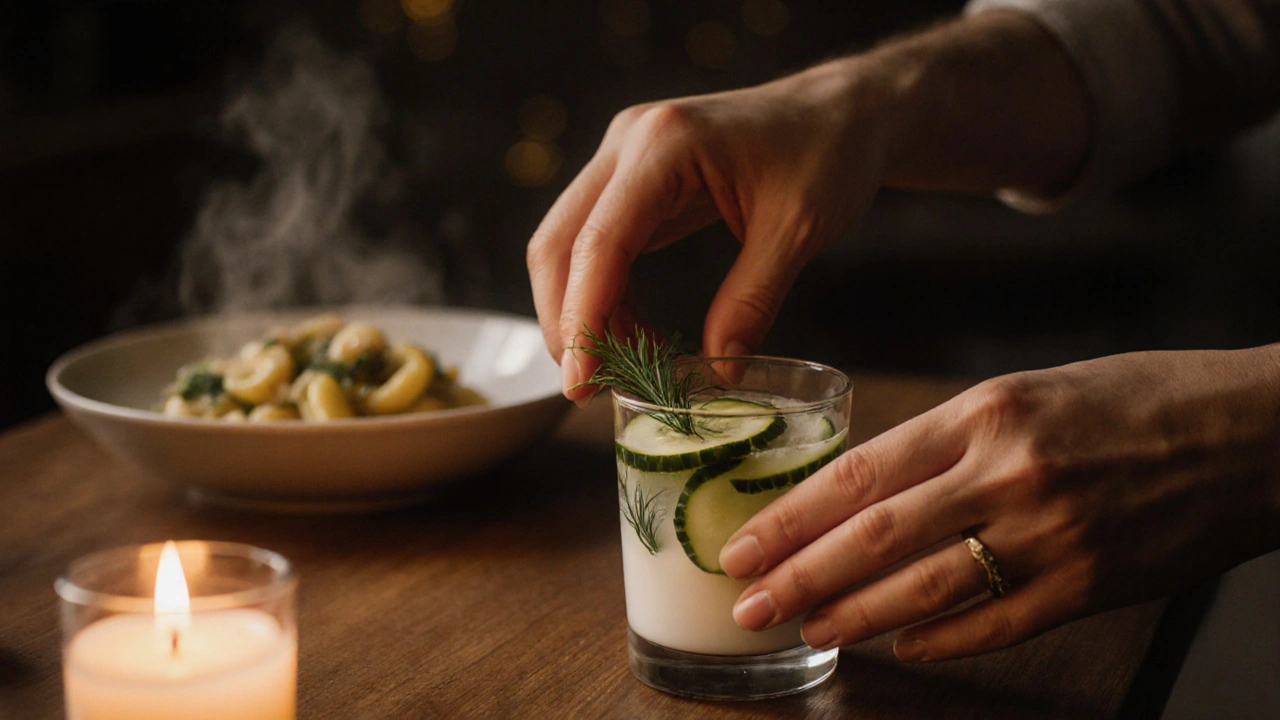 Nakrájená okurka s kysaným mlékem a petrželkou v malé skleničce na kuchyňském stole.