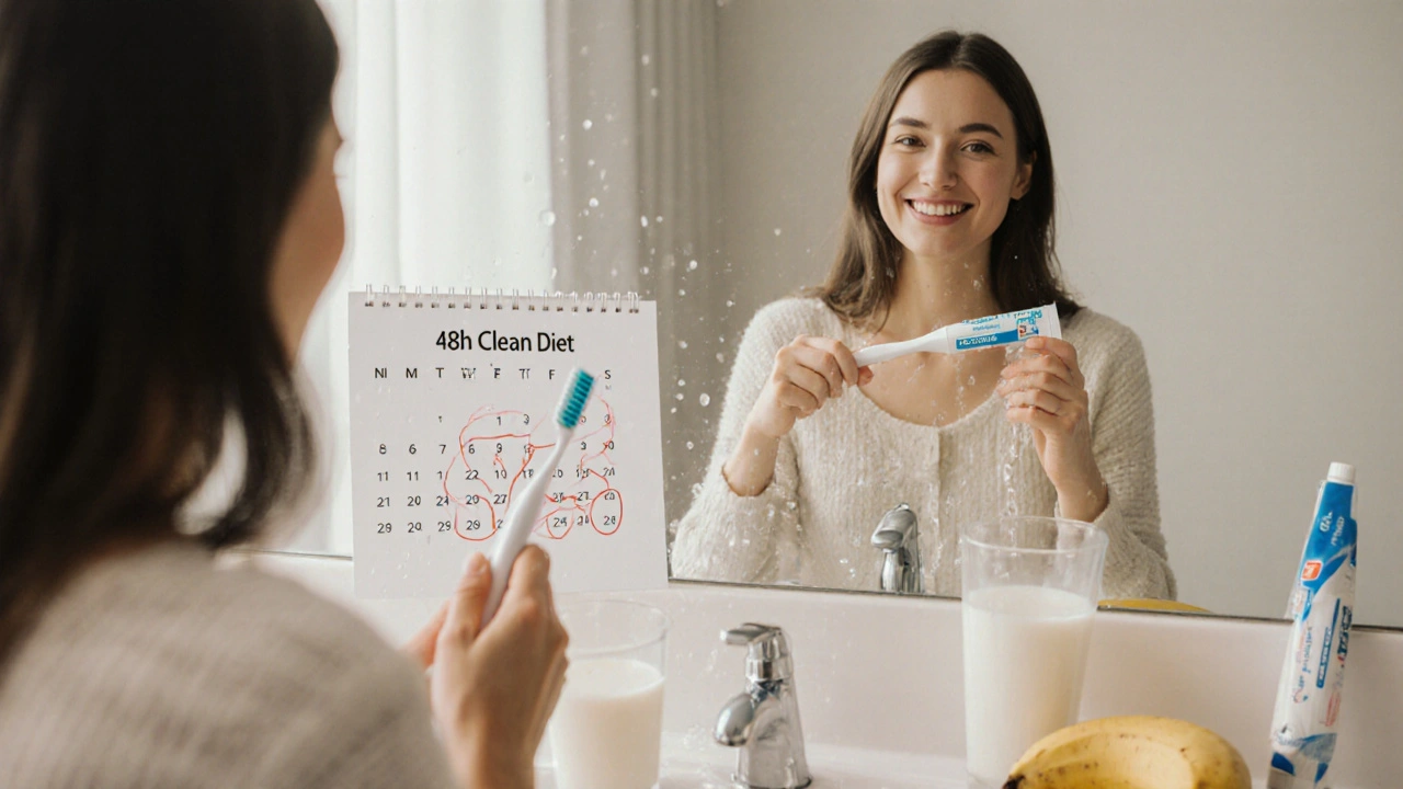 Osoba čistí zuby měkkým kartáčkem s vodou a zdravými potravinami na pozadí.