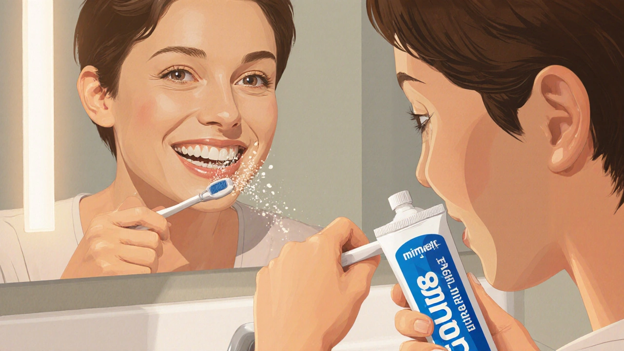 Osoba čistí zuby zubní pastou s 1450 ppm fluoridu a nepláchnou ústa.