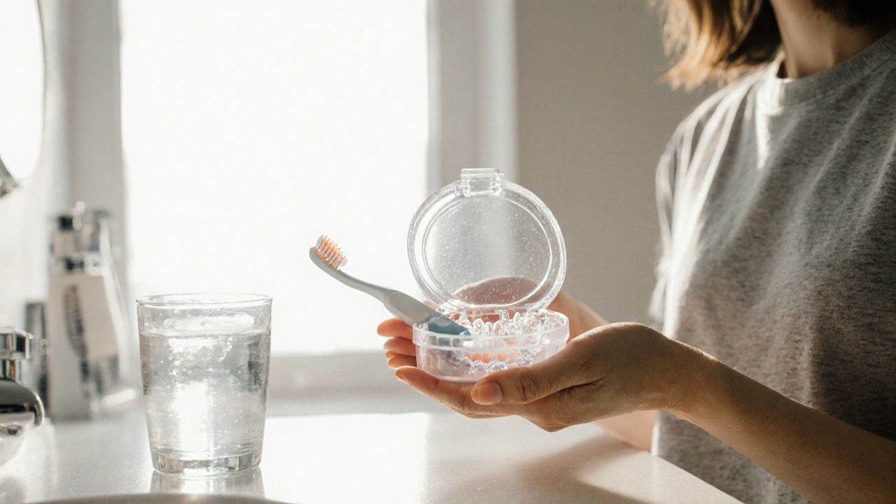 Osoba drží případ s rovnátky na koupelně s vodou a kartáčkem.