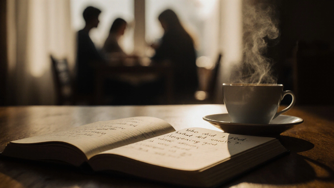 Otevřený deník a šálek kávy na stole, kolem nich stíny postav ve světle rána.
