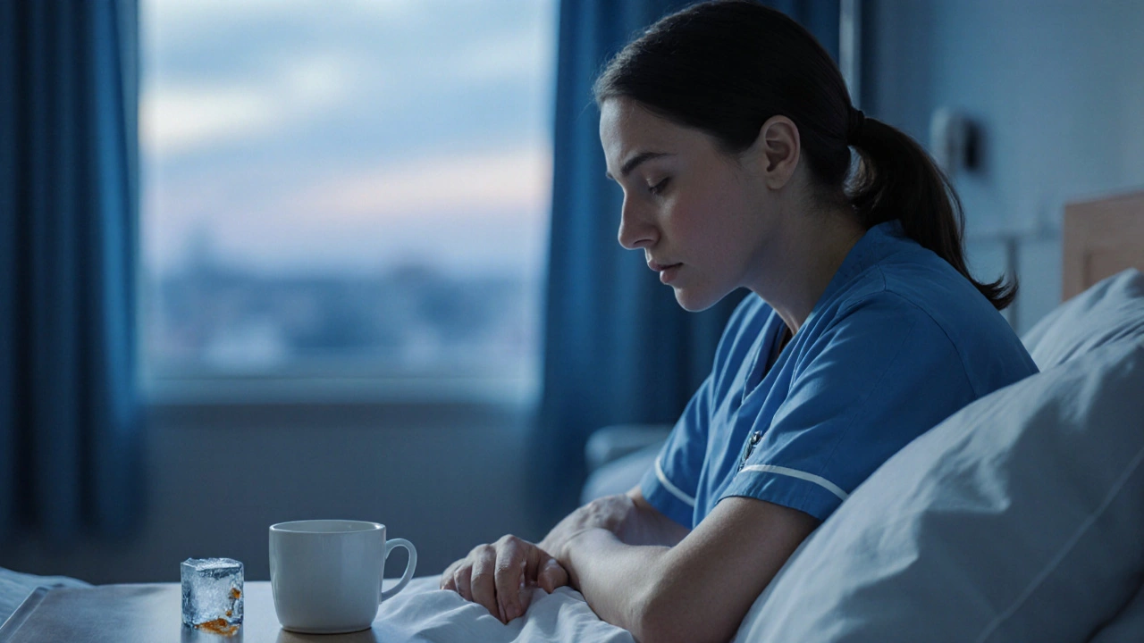 Palliativní sestra sedí u postele pacienta, jemně drží jeho ruku v klidné nemocniční místnosti.