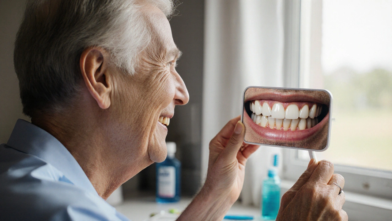 Patient smiling in mirror showing natural-looking dental implant crown.