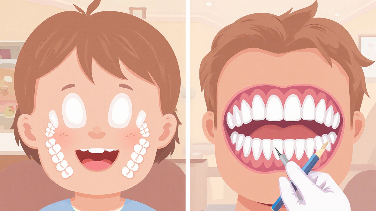 Porovnání mléčných a trvalých zubů s vyznačenými rozdíly ve velikosti a počtu.