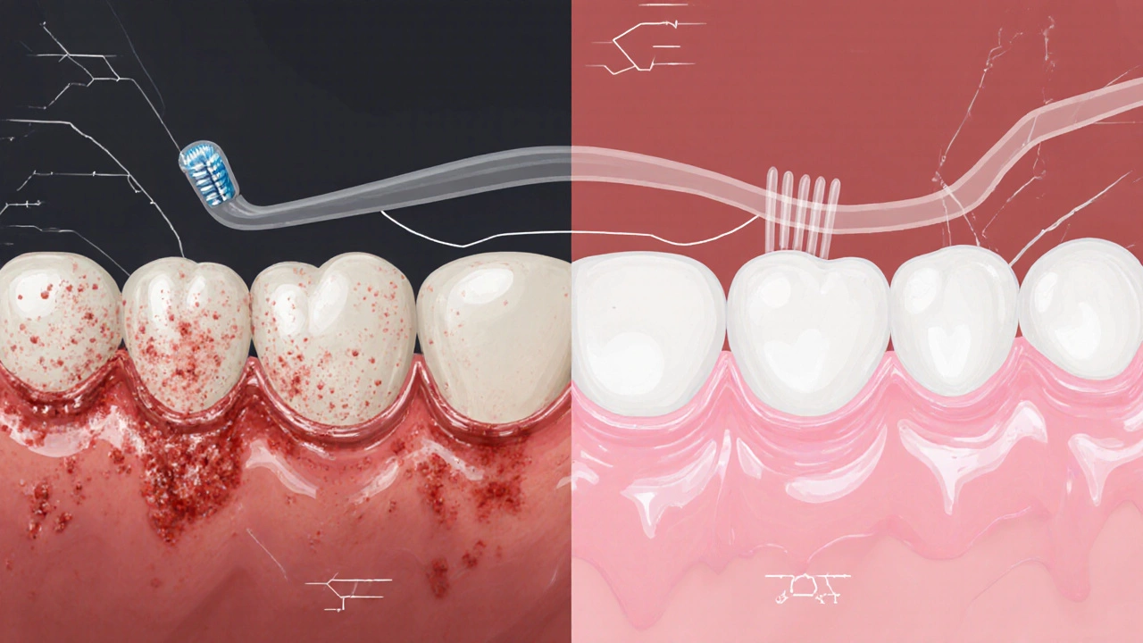 Porovnání zubů s plakem a bez něj: ruční vs. sonický kartáček.