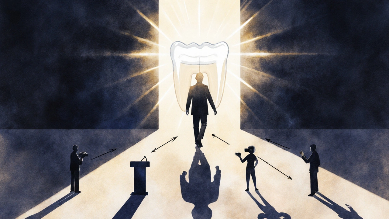 Postava kročí ze stínu do světla, její bílé zuby září jako zdroj energie.