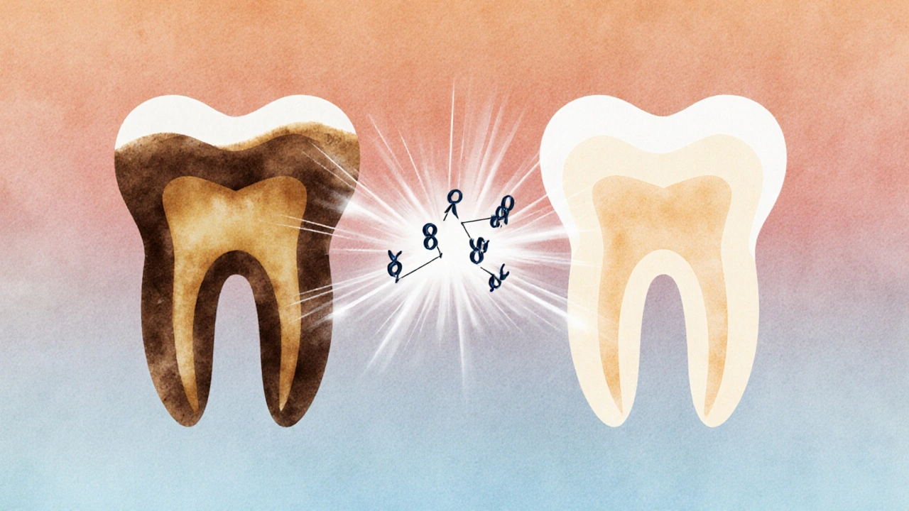 Před a po srovnání zubů: tmavé a zjasněné zuby spojené světelnými částicemi, které rozkládají skvrny.