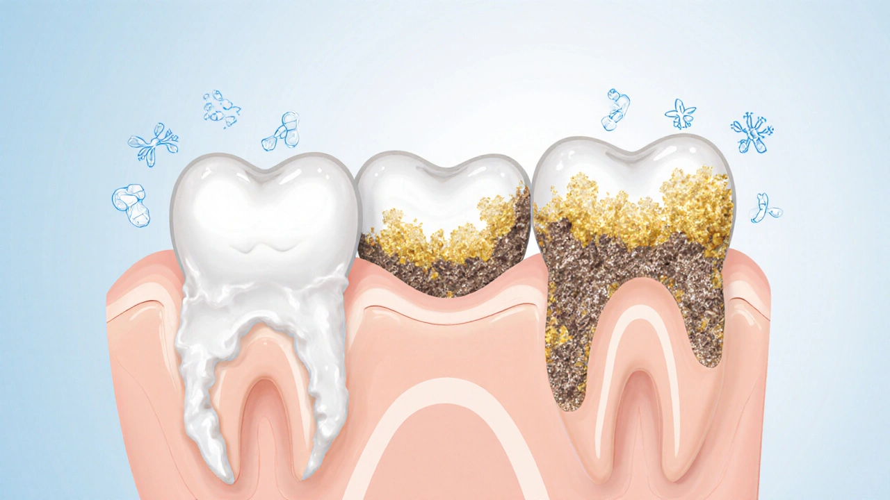 Přehledný náčrt plaku měnícího se na zubní kámen na mléčných zubech, zvláště u dolních řezáků a vnitřní strany molárů.
